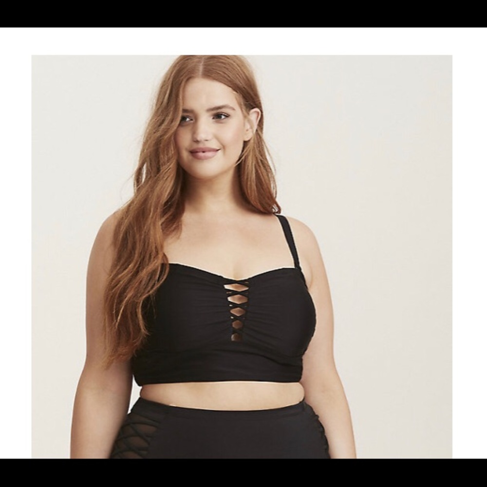 Torrid bathing suit lattice top and ruched skirt.